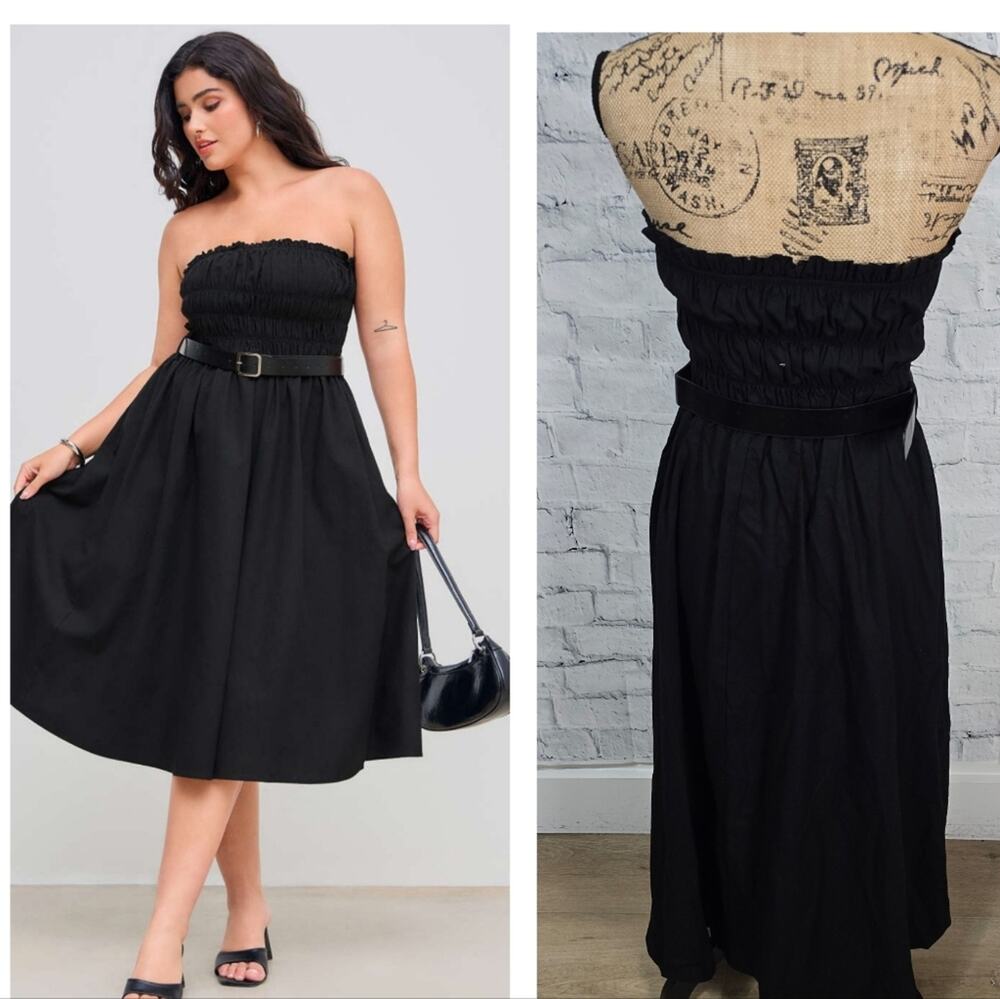 Cider dress Sz XS strapless a line black woven belted midi ACL